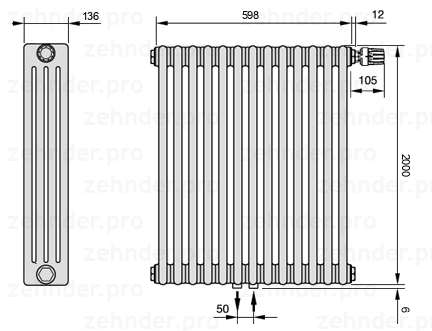 Схема (чертеж) Радиатор Zehnder Charleston 4200/13 №V008 Белый глянцевый RAL 9016